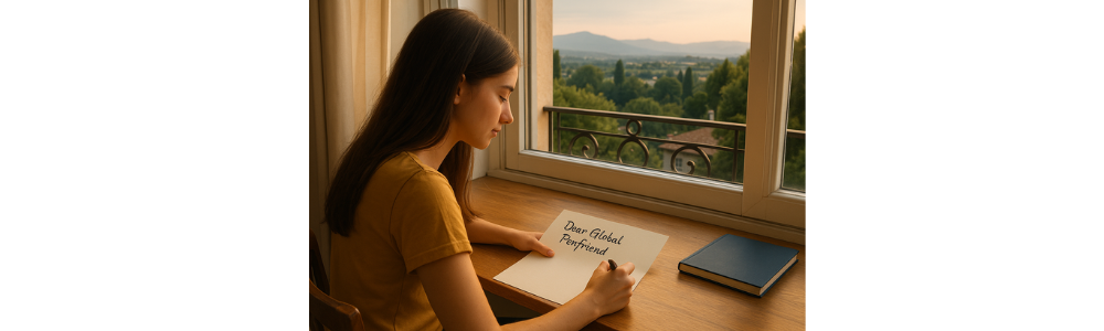 Person writing their first pen pal letter with maps and international flags in background