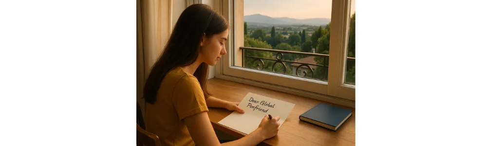 Person writing their first pen pal letter with maps and international flags in background