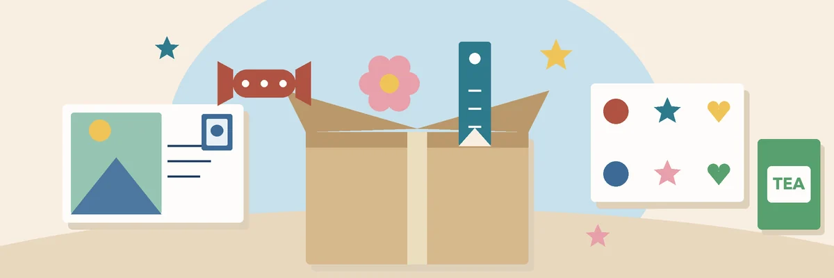 Colorful package filled with various cultural items and gifts for pen pal correspondence
