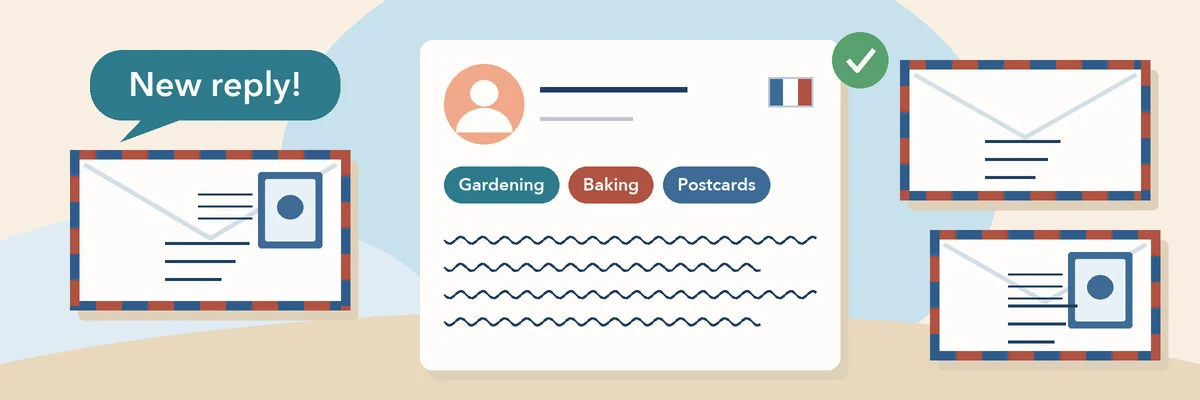 A penpal profile card with interest tags, surrounded by airmail envelopes and a speech bubble saying new reply