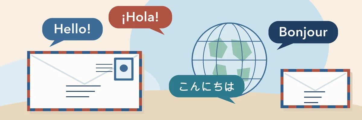 Airmail envelopes with speech bubbles saying hello in English, Spanish, Japanese and French around a globe