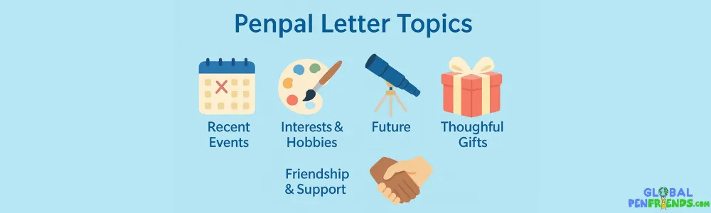 Two friends exchanging pen pal letters with doodles of hobbies and world landmarks