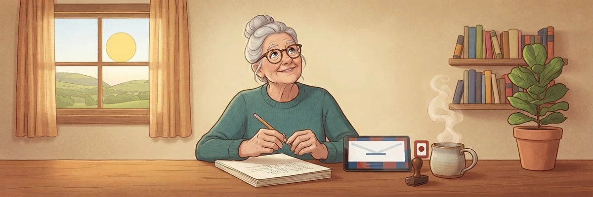 Illustration of an older woman with silver hair and glasses at her desk with a letter, a pencil, a tablet showing an envelope, a cup of tea and a sunny window