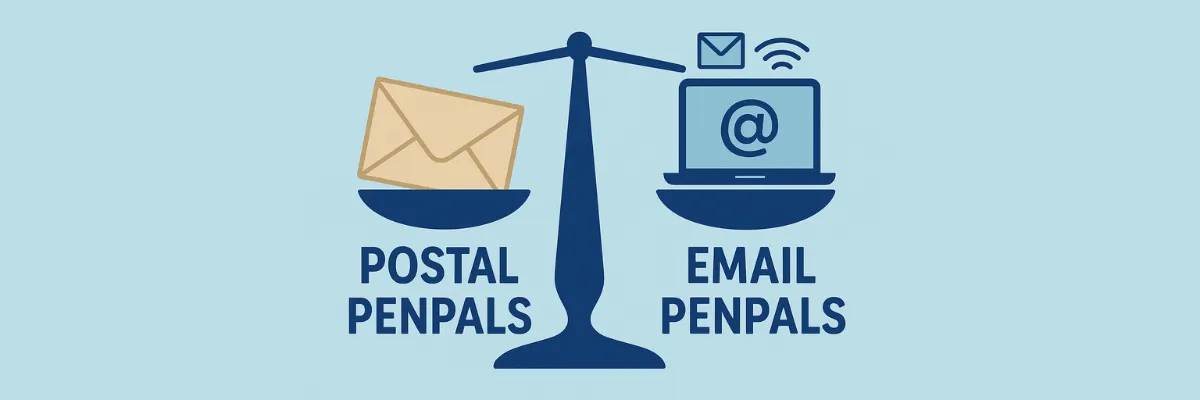 Traditional letters and emails side by side representing postal vs digital pen pal correspondence