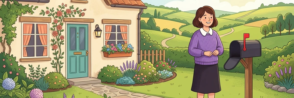 A woman standing beside an empty letterbox outside a country cottage, waiting for the post