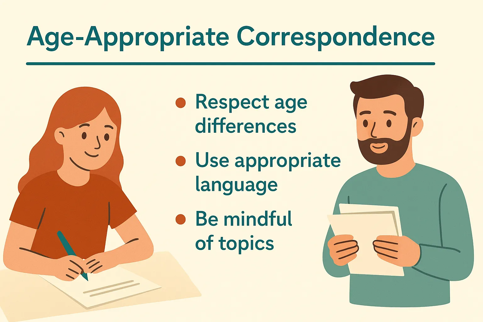 Different age groups writing and receiving letters with age-appropriate content