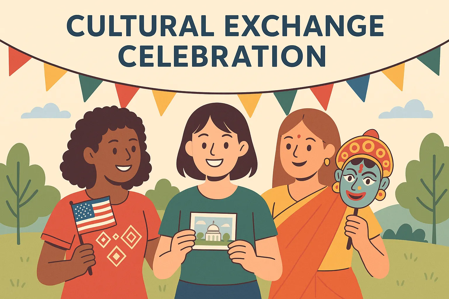 Diverse cultural symbols, foods, and traditions representing international cultural exchange