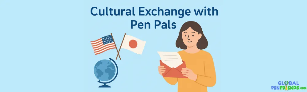 Two pen pals exchanging cultural items like flags, recipes, and postcards