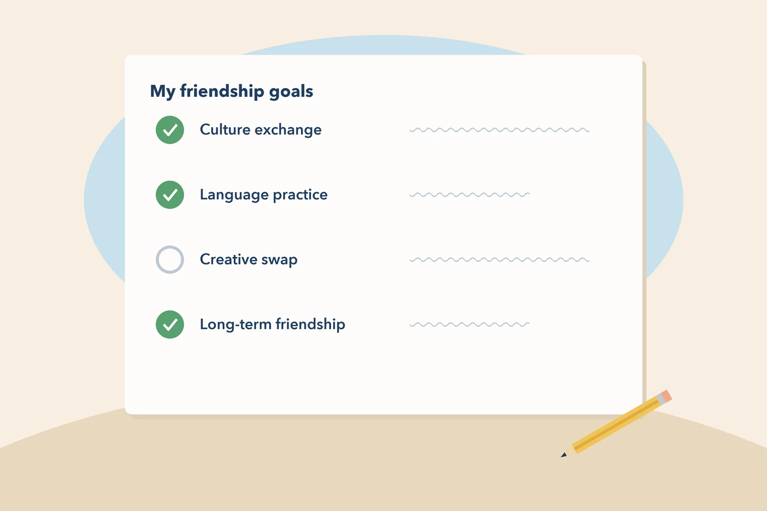Checklist of friendship goals like culture exchange, language practice, and long-term friendship