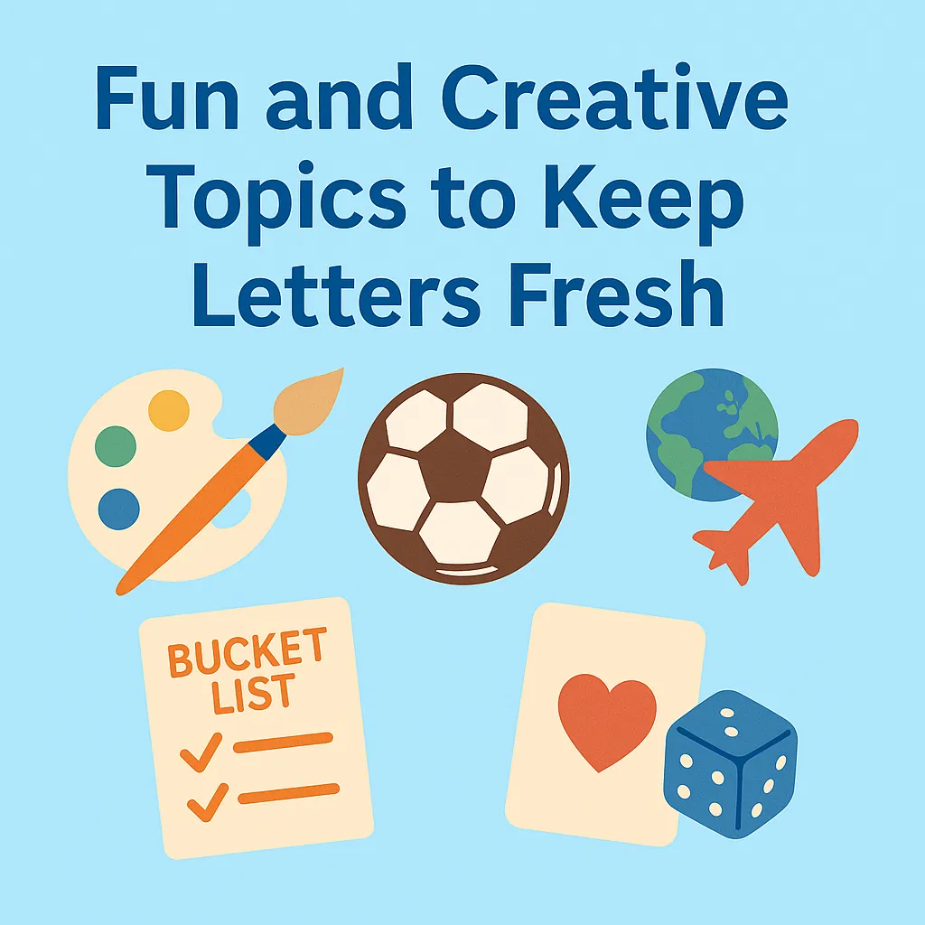 Doodles of fun activities like drawing, sports, travel, and games for pen pal letter ideas