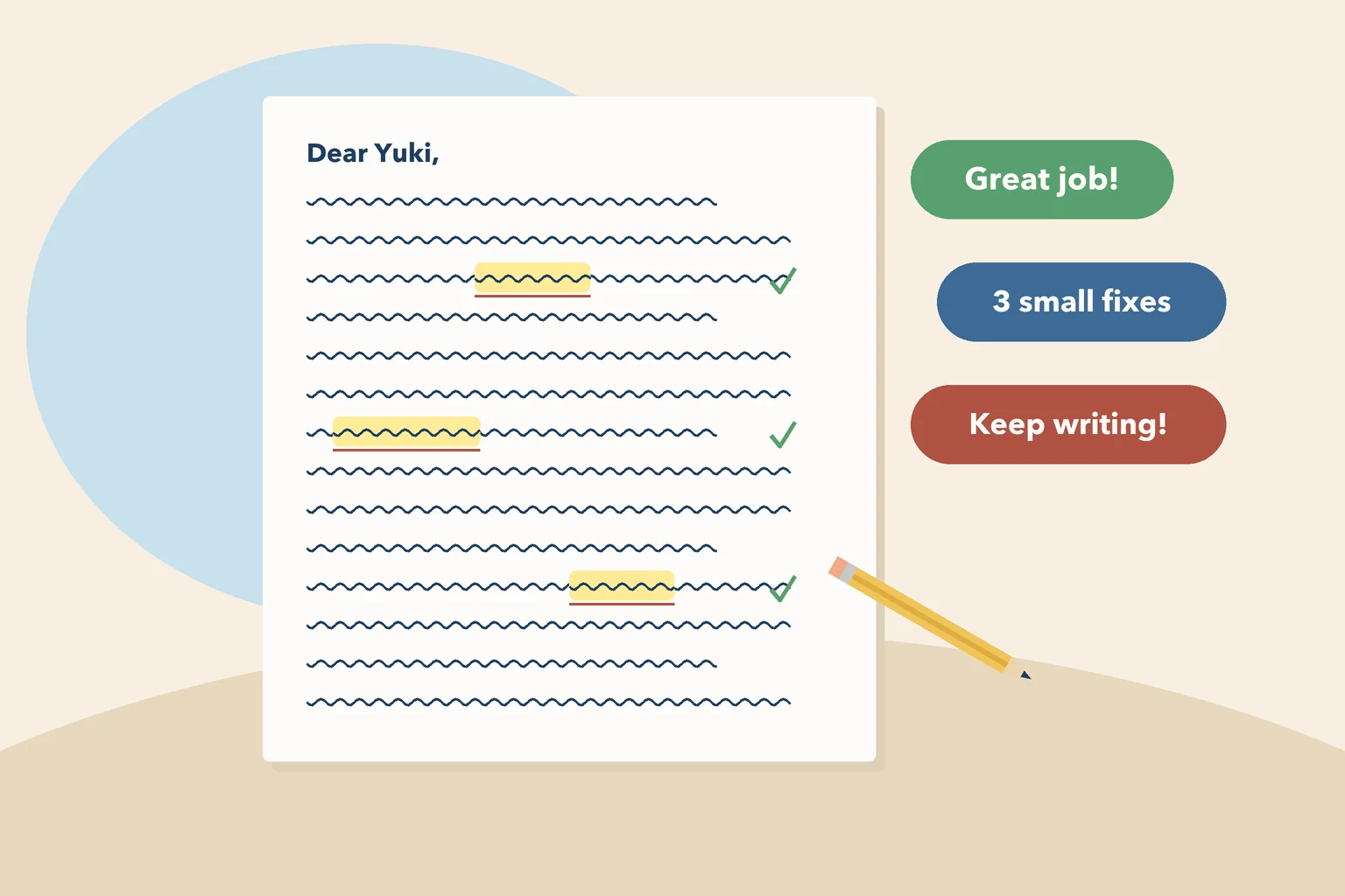 A letter with three phrases highlighted and ticked, beside badges reading great job, three small fixes and keep writing