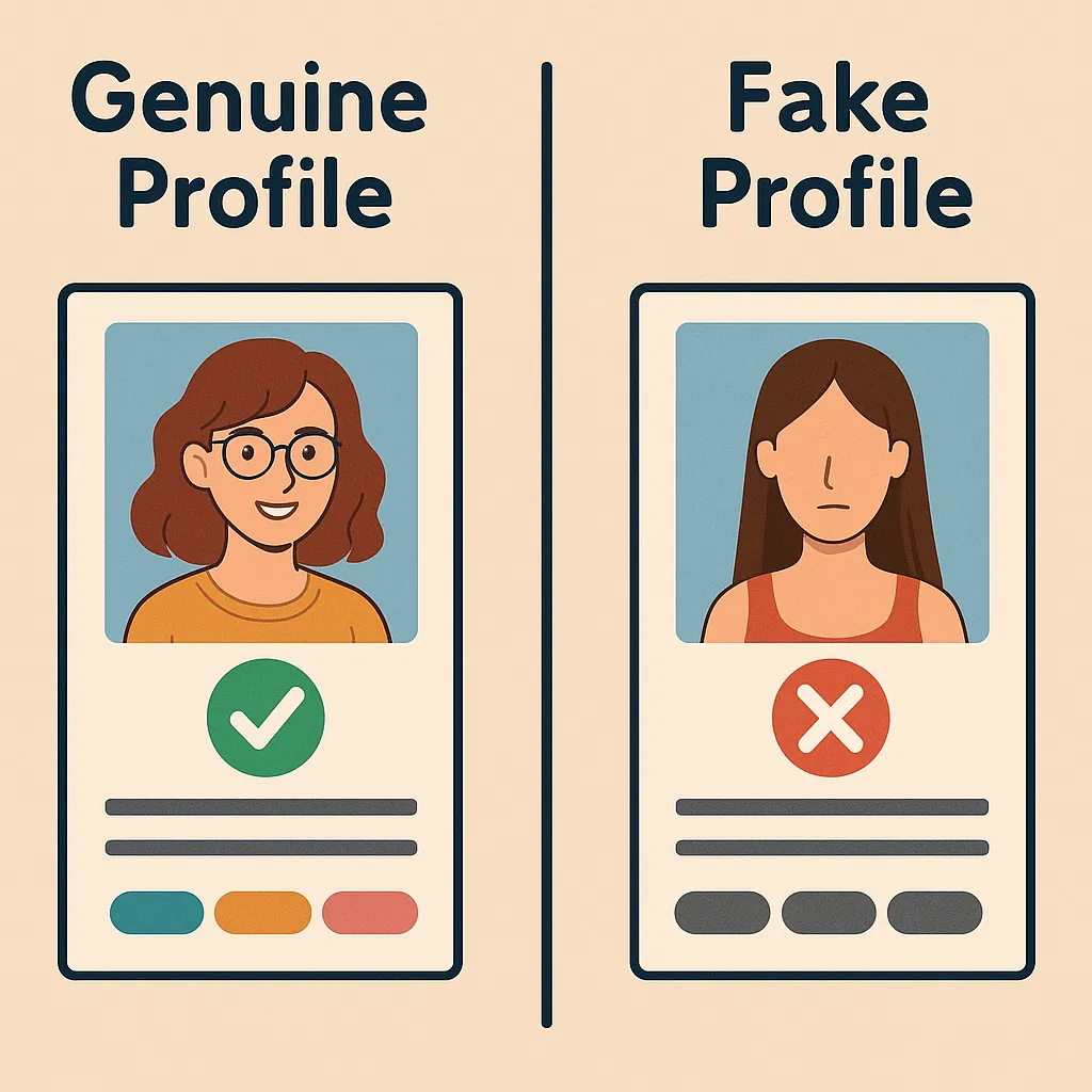 Comparison showing differences between genuine and fake pen pal profiles