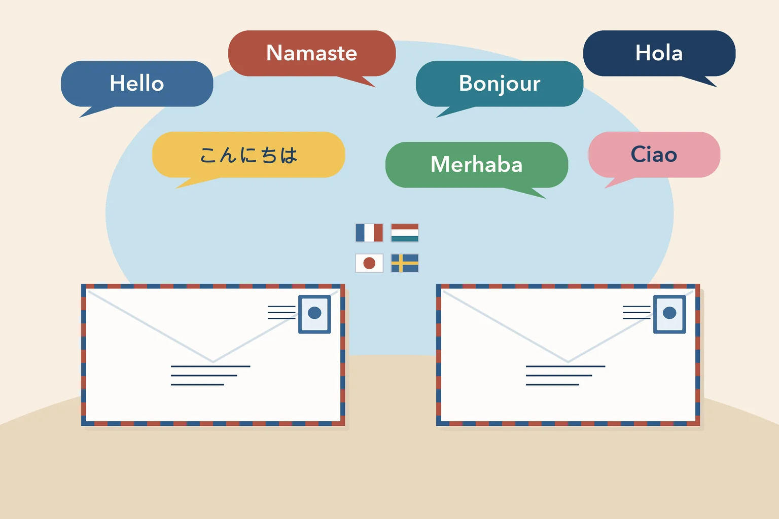 Hello in multiple languages with envelopes and stamps