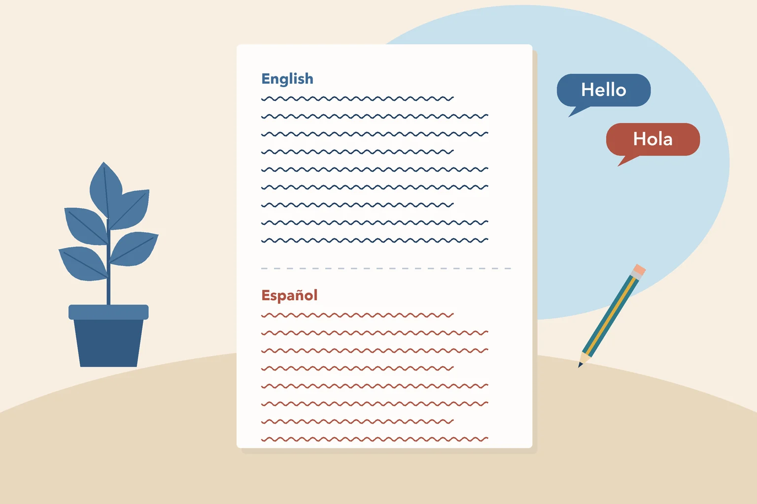 A letter with the top half written in English and the bottom half in Spanish, with a pen and a potted plant beside it