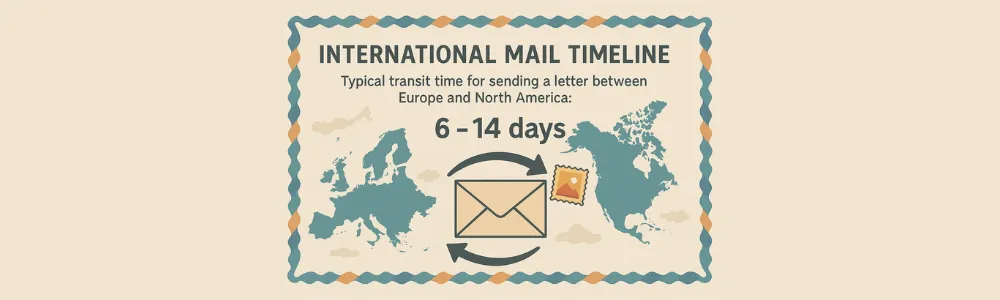 World map showing typical mail delivery times between different countries