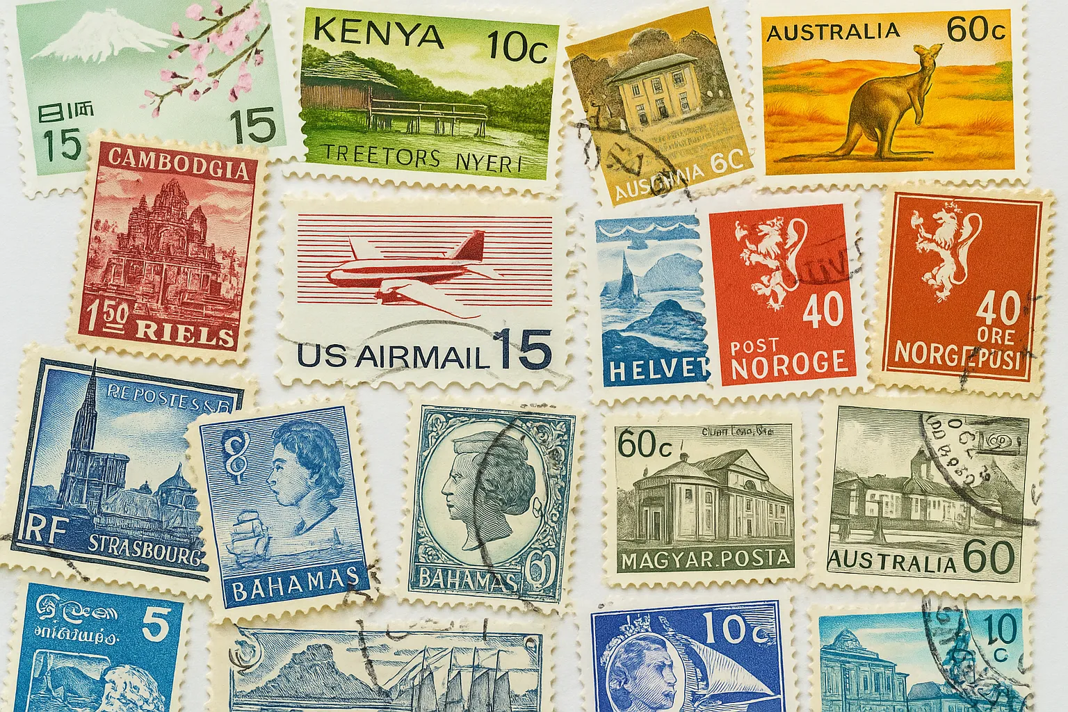 Collection of colorful international stamps and postcards