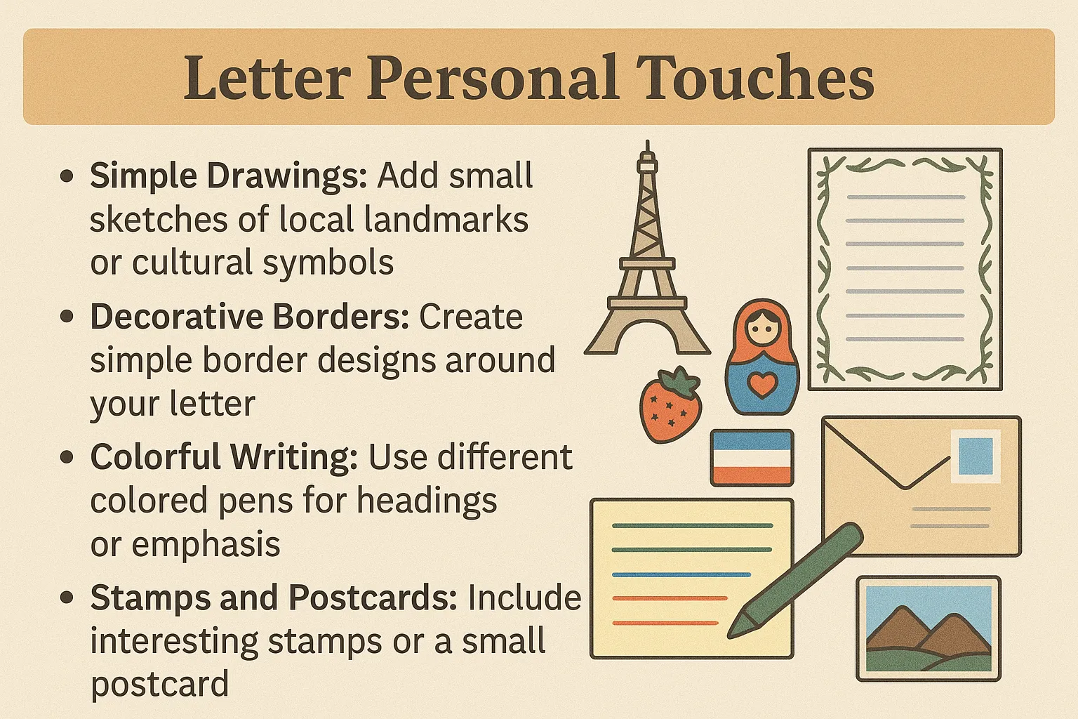 Letter decorated with small drawings, stickers, and cultural elements