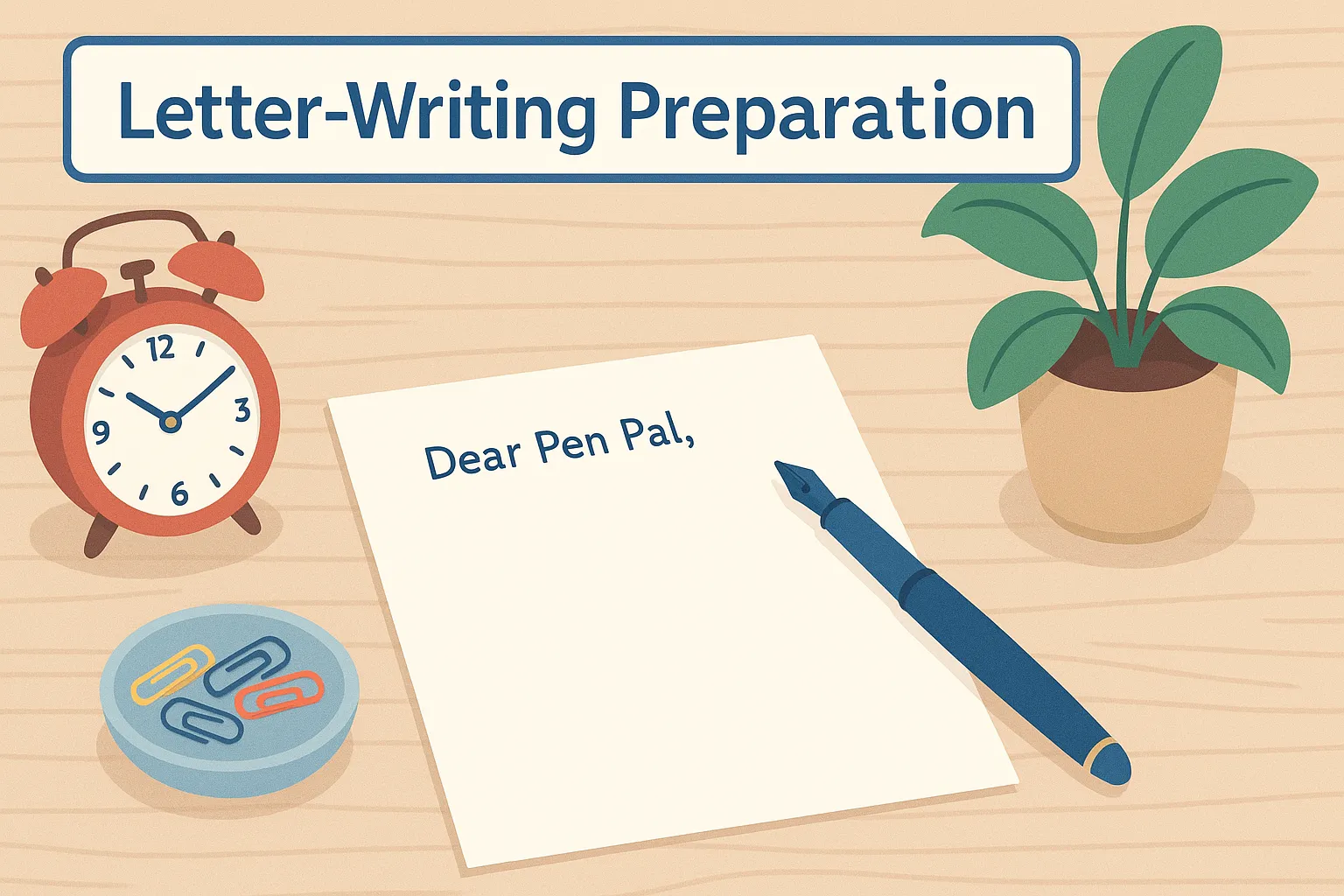 Desk setup with quality paper, pen, stamps, and world map for pen pal letter writing