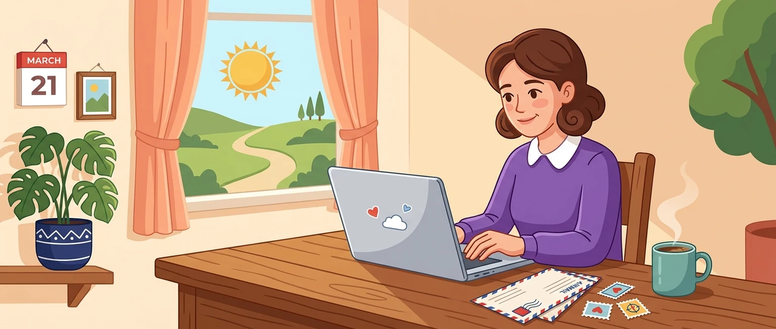A woman writing a short message at a laptop, with an airmail envelope and stamps on the desk beside her