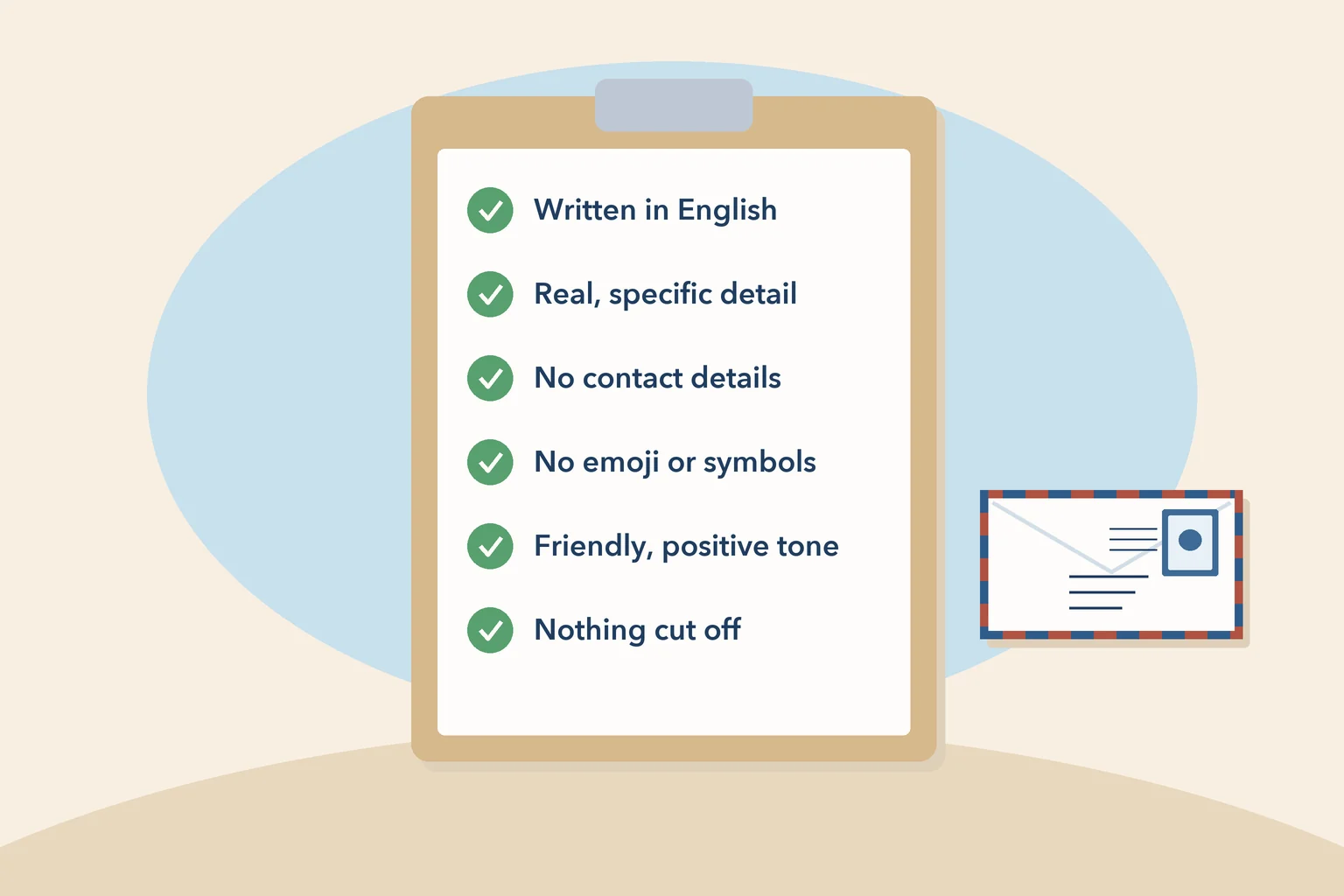 A clipboard checklist ticking written in English, real specific detail, no contact details, no emoji or symbols, friendly positive tone and nothing cut off, beside an airmail envelope