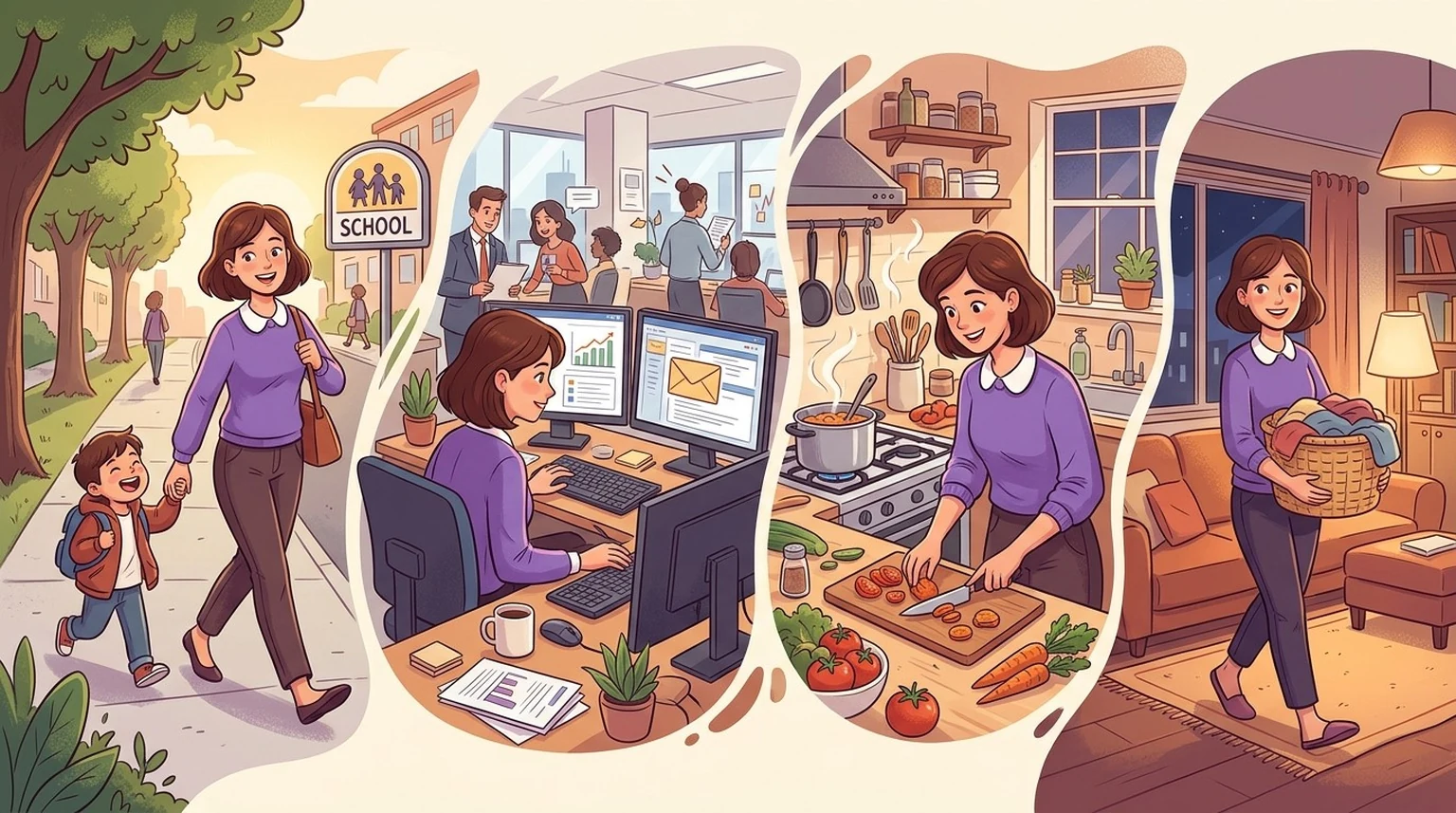 One woman through four moments of an ordinary day: the school run, her desk at work, cooking dinner and carrying the laundry
