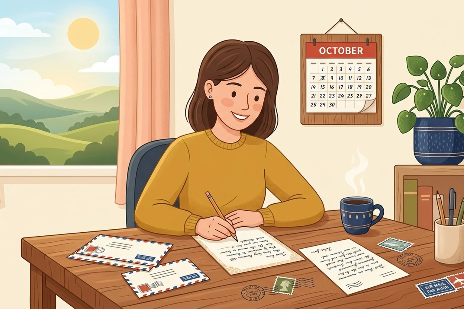 A woman at a desk with a letter in progress, airmail envelopes and loose stamps beside her