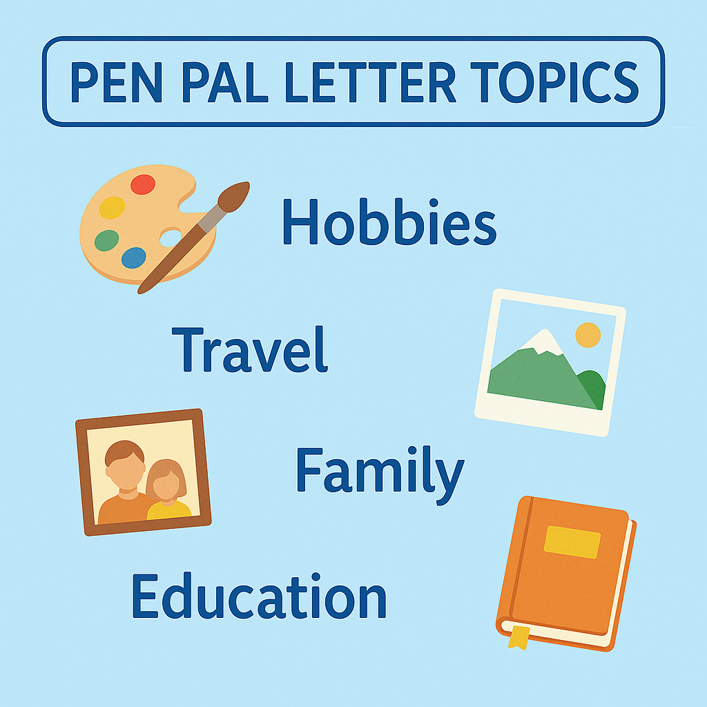 Illustration of safe starter topics for pen pal letters like hobbies, food, and weather