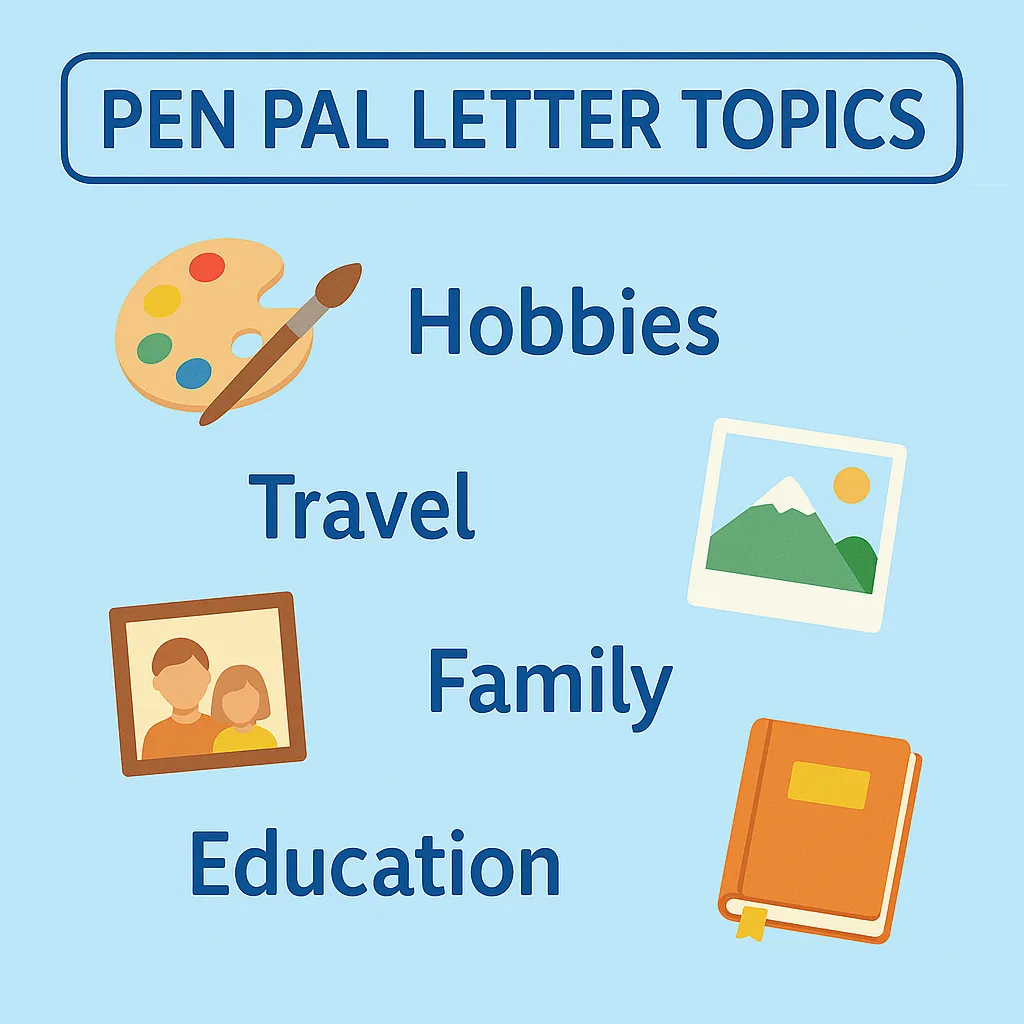 Illustration of safe starter topics for pen pal letters like hobbies, food, and weather
