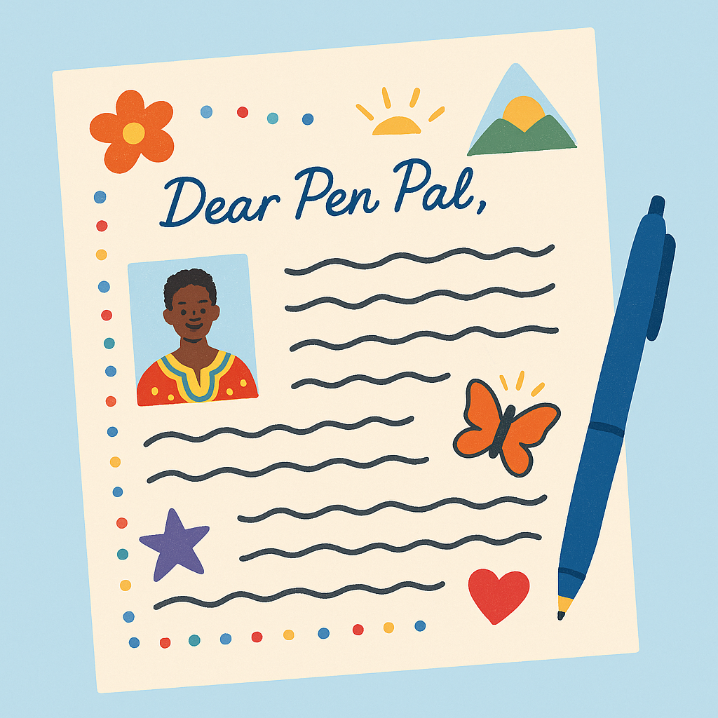 Colorful pen pal letter decorated with stickers, drawings, and cultural elements