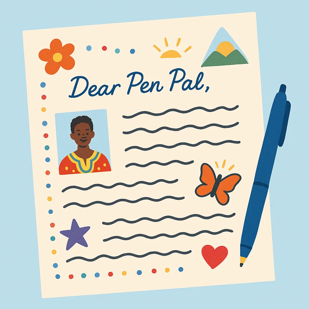 Colorful pen pal letter decorated with stickers, drawings, and cultural elements