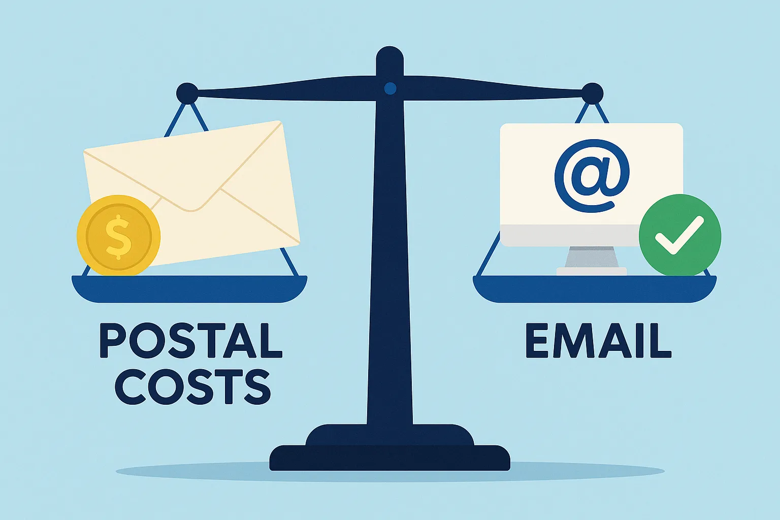 Calculator and stamps showing cost comparison between postal and email