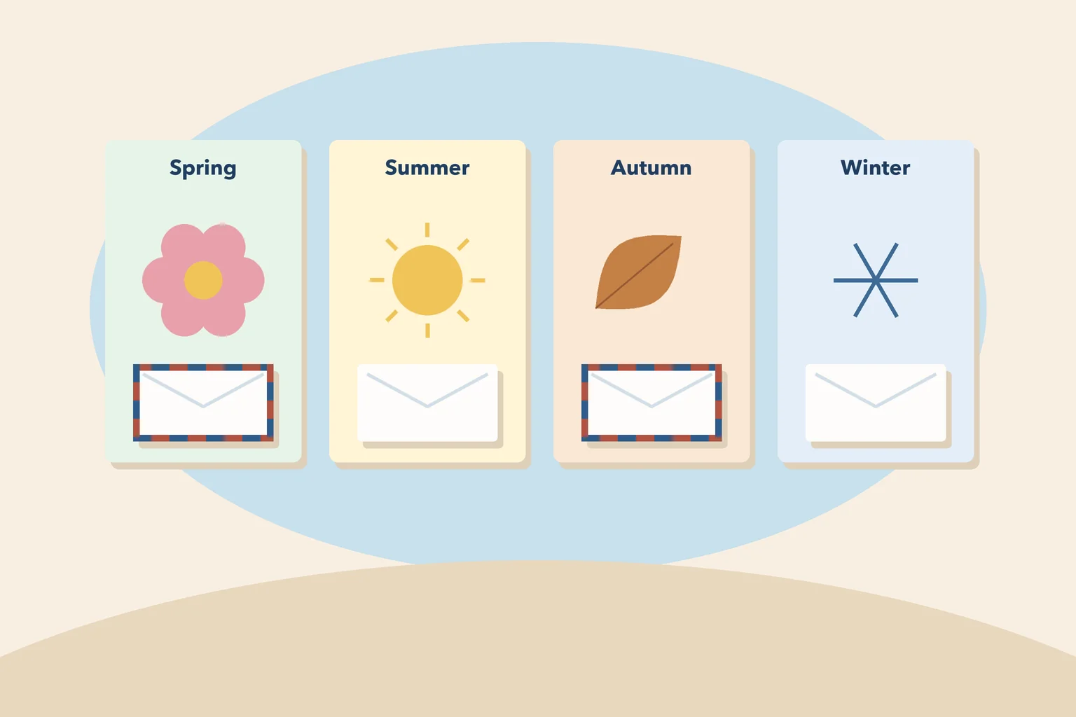 Different seasonal items representing year-round pen pal gift exchanges
