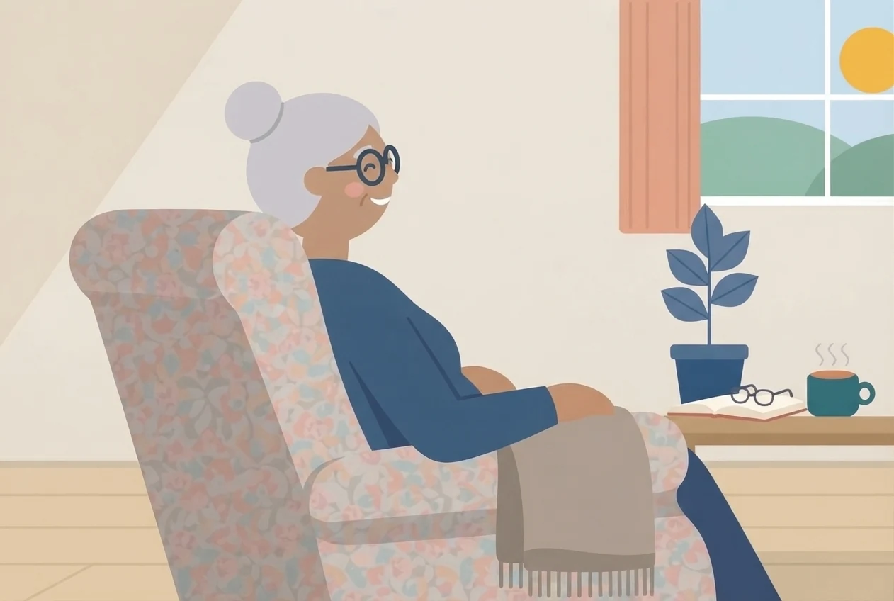 Illustration of an older woman relaxing in a floral armchair with a blanket, a book, her glasses and a cup of tea on the table beside her