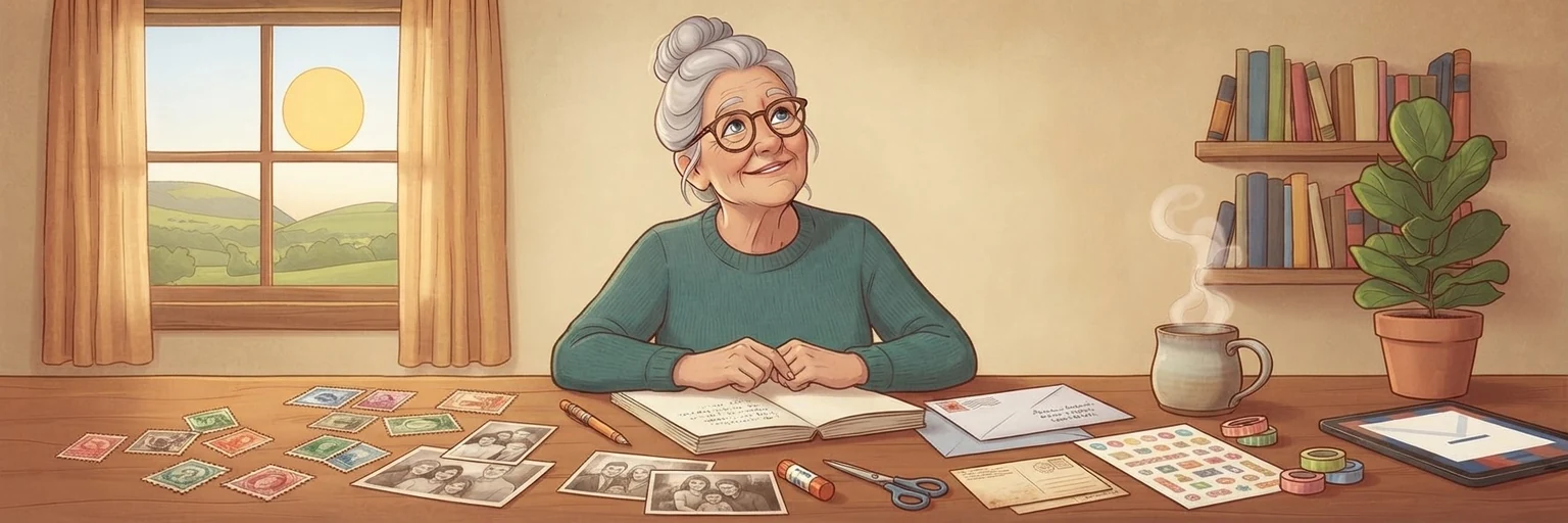 Illustration of an older woman at her desk with old family photographs, postage stamps, a notebook, an envelope, stickers and washi tape