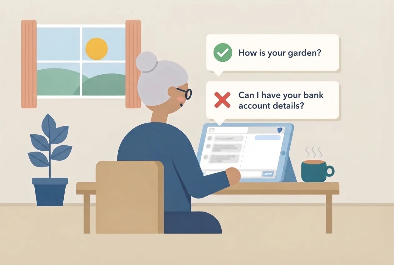 Illustration of an older woman at a tablet, with two example messages beside her: a friendly question about her garden ticked, and a request for bank details crossed out