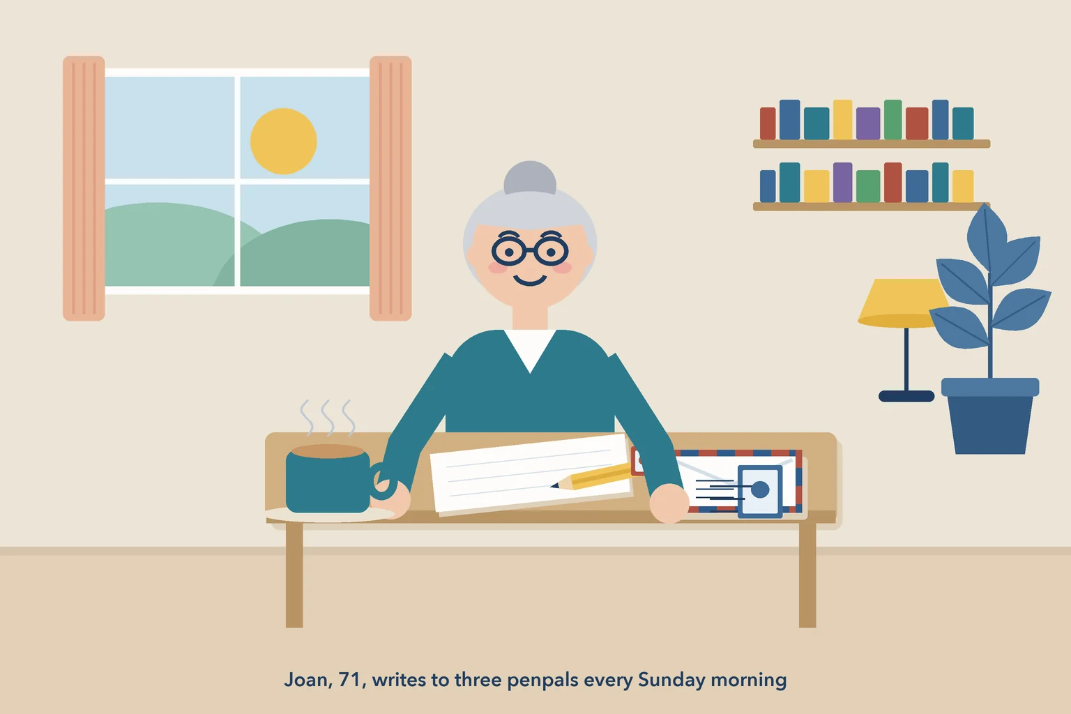 Joan, an older member, writing a letter at her desk with a cup of tea and an airmail envelope