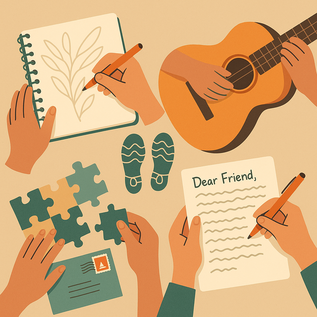 Collage showing various hobbies like reading, music, sports, and cooking for pen pal conversations