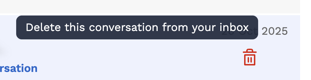 An inbox conversation row showing the small trash icon on the right